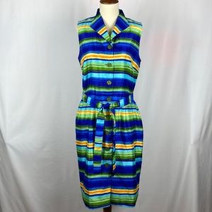 Sag Harbor Blue, Green & Yellow Striped Sleeveless Dress w/Fabric Belt - Size 8